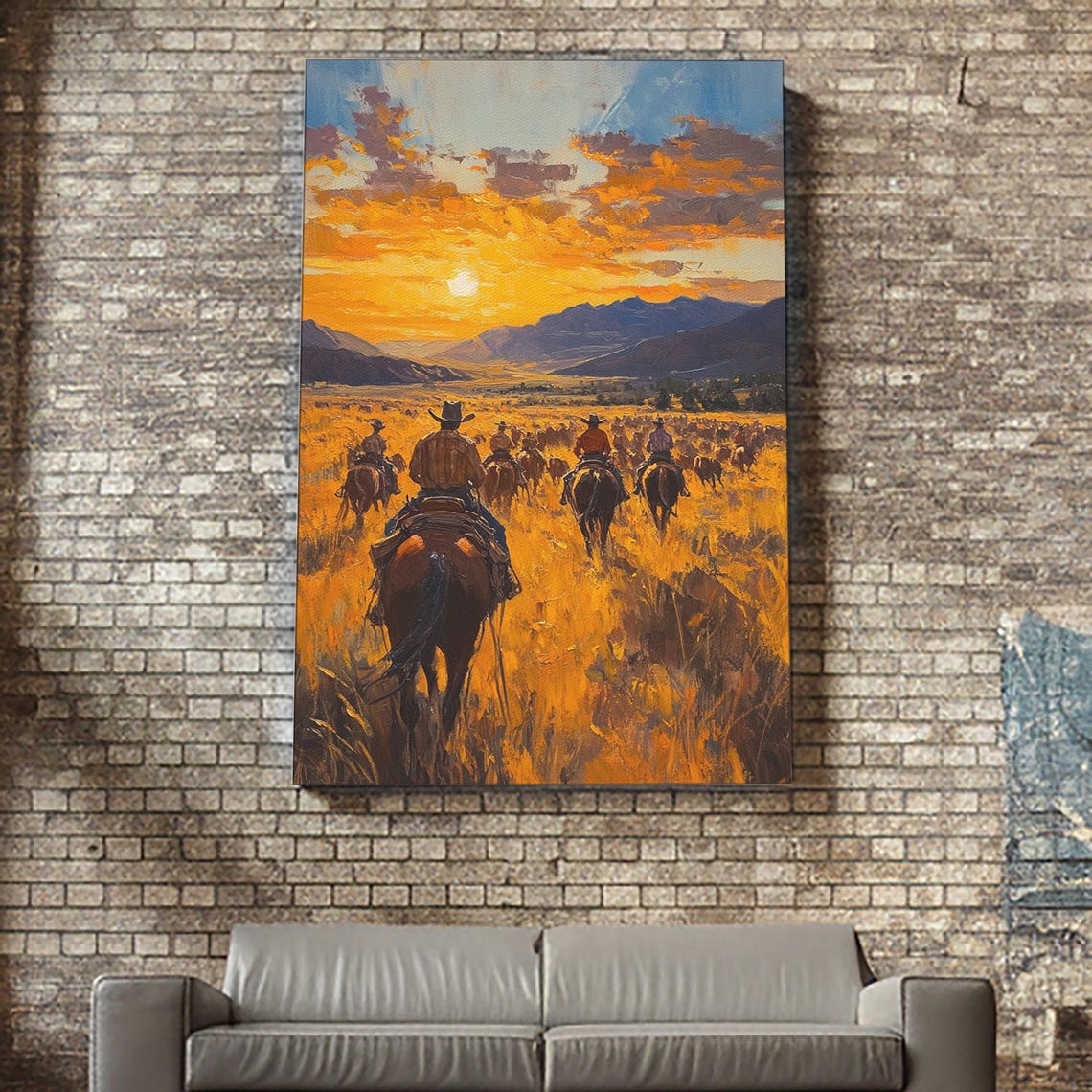 Cowboys Riding Cattle Drive At Golden Sunset Mountains Poster - Image 2