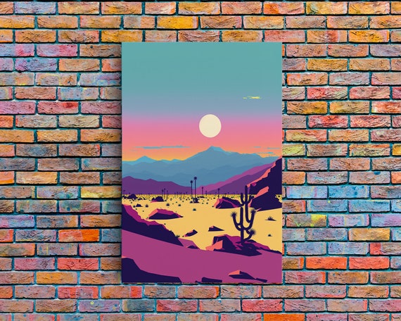 Synthwave Desert Landscape Subdued Pastel Nature Art Southwestern Decor Framed Print Pink And Turquoise Skies