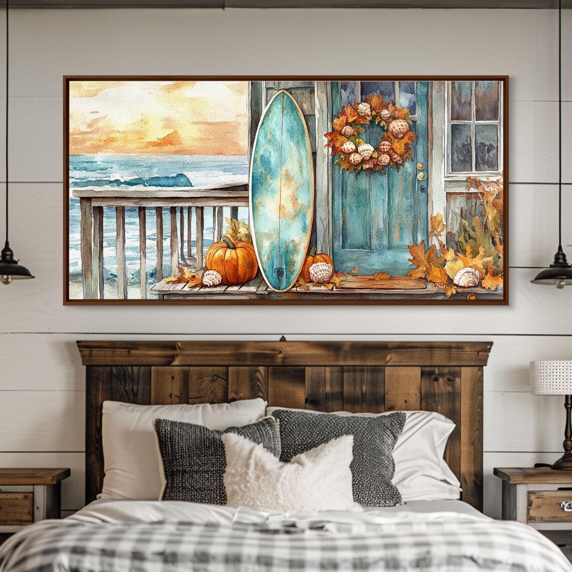 Coastal Surfboard Pumpkins Autumn Door Wreath Beach Fall Decor Art Poster - Image 5