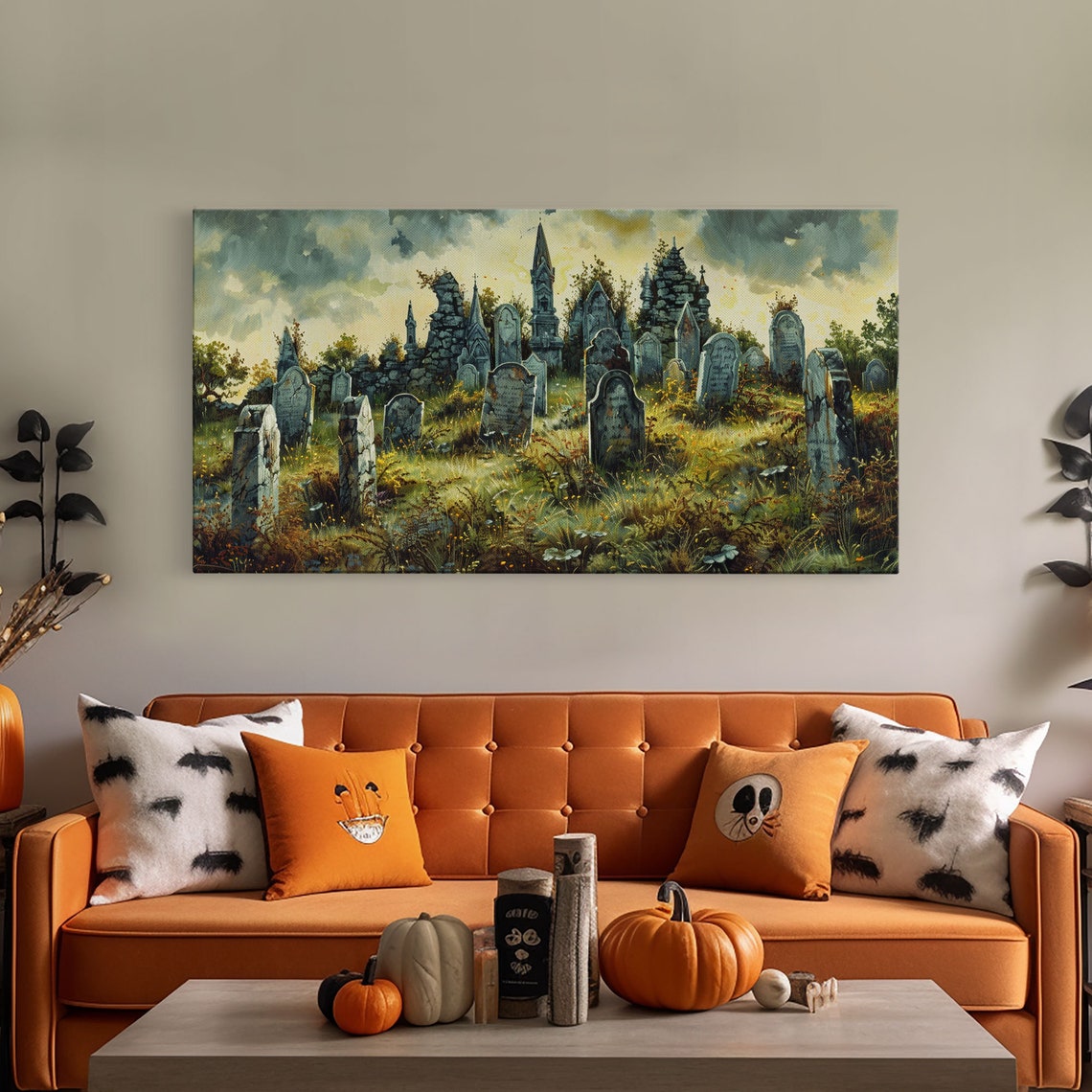 Haunted Cemetery Overcast Old Tombstones Ruined Chapel Spooky Wall Art - Image 5