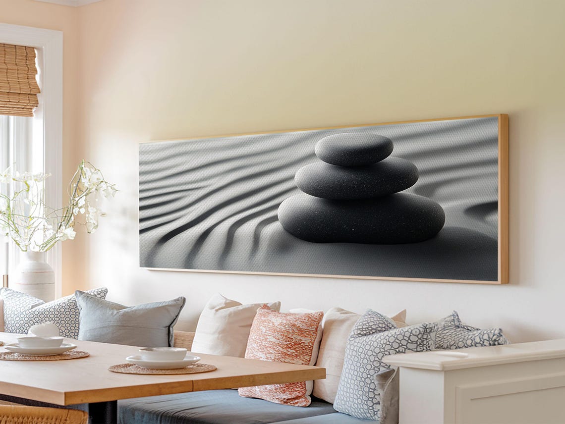 Zen Garden Stacked Stones Panoramic Black Sand Monochrome Art Poster - Image 6