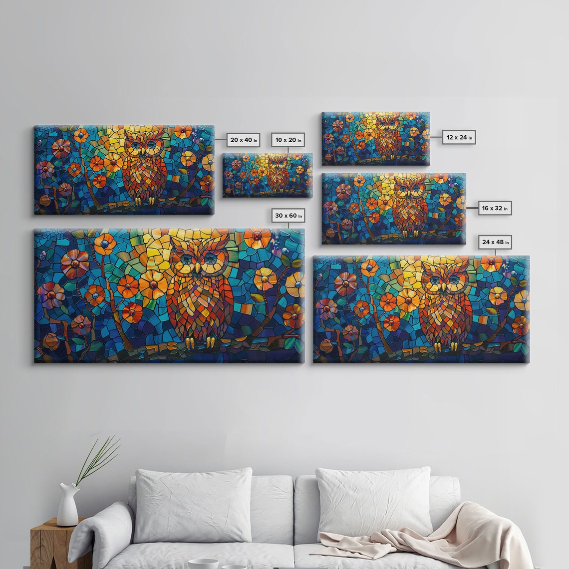 Stained Glass Owl Orange Branch Mosaic Blue Night Blooms Art Poster - Image 2