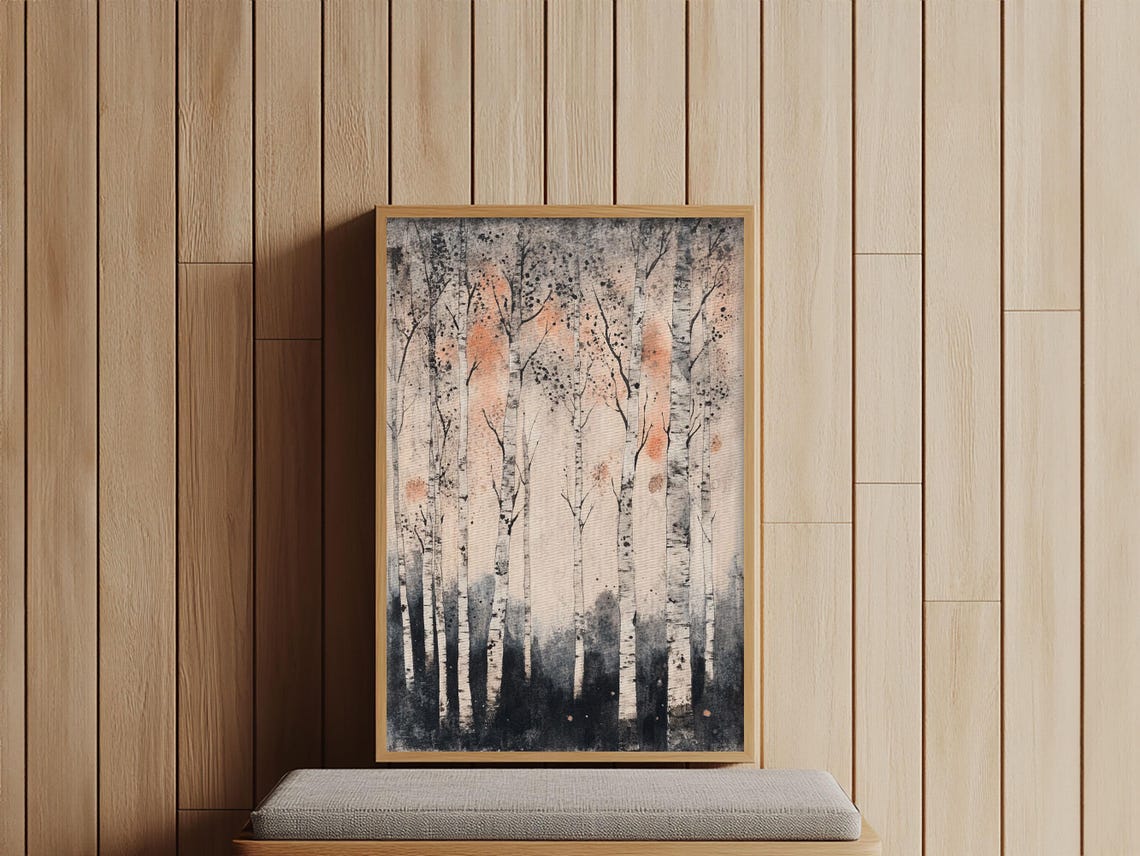 White Birch Trees Misty Forest Minimalist Blush Pink Woodland Poster - Image 3