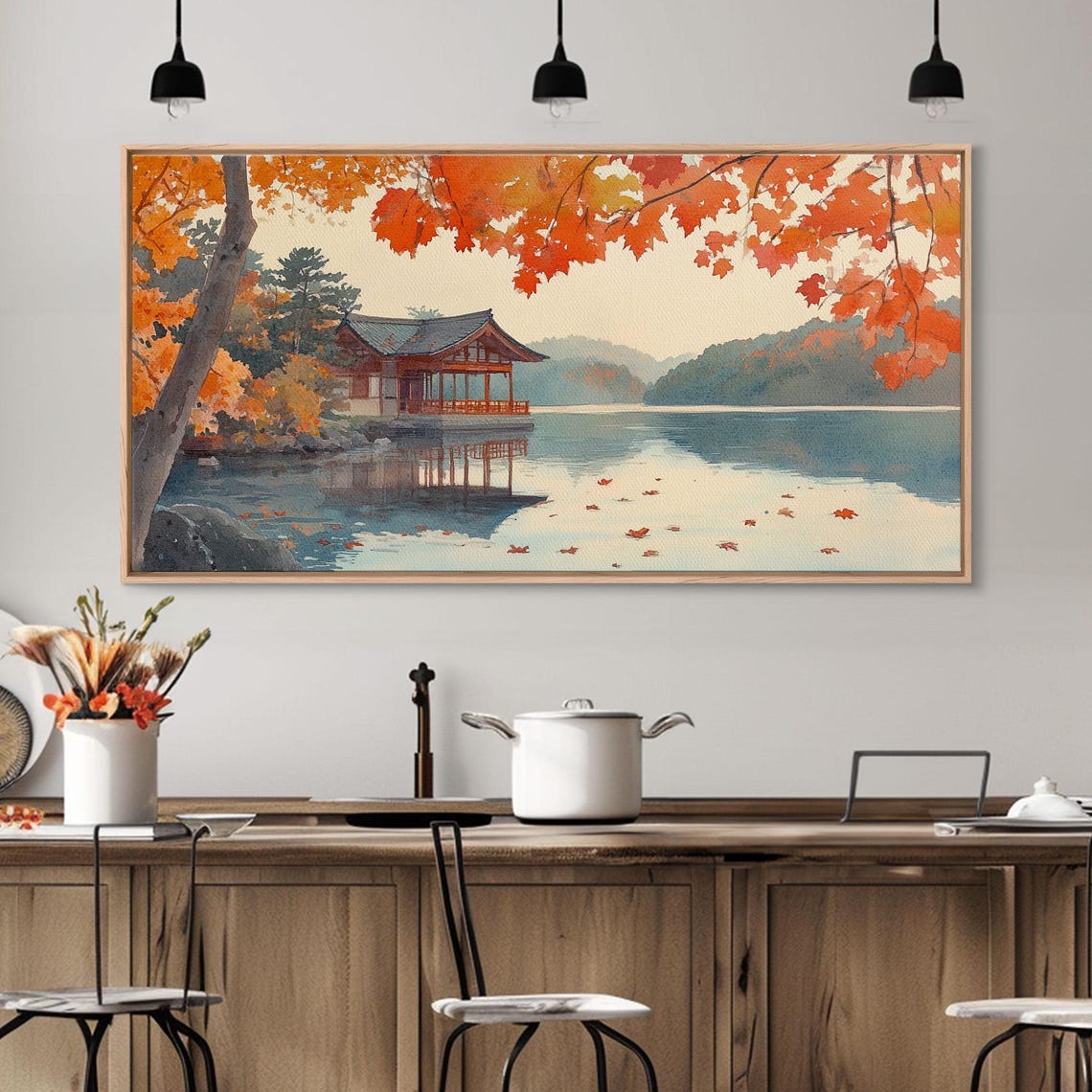 Autumn Japanese Lake House Red Maple Trees Watercolor View Poster - Image 5