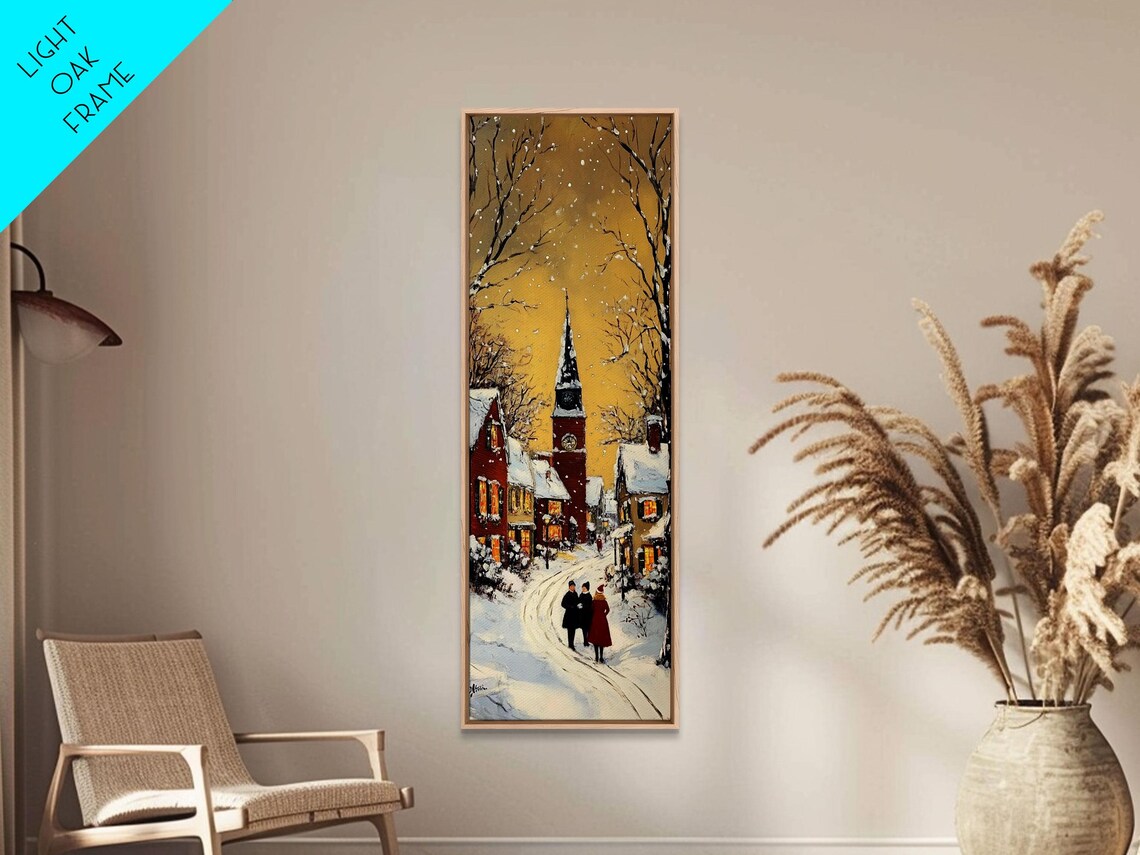 Snowy Village Street With Church Steeple Golden Sky Winter Poster