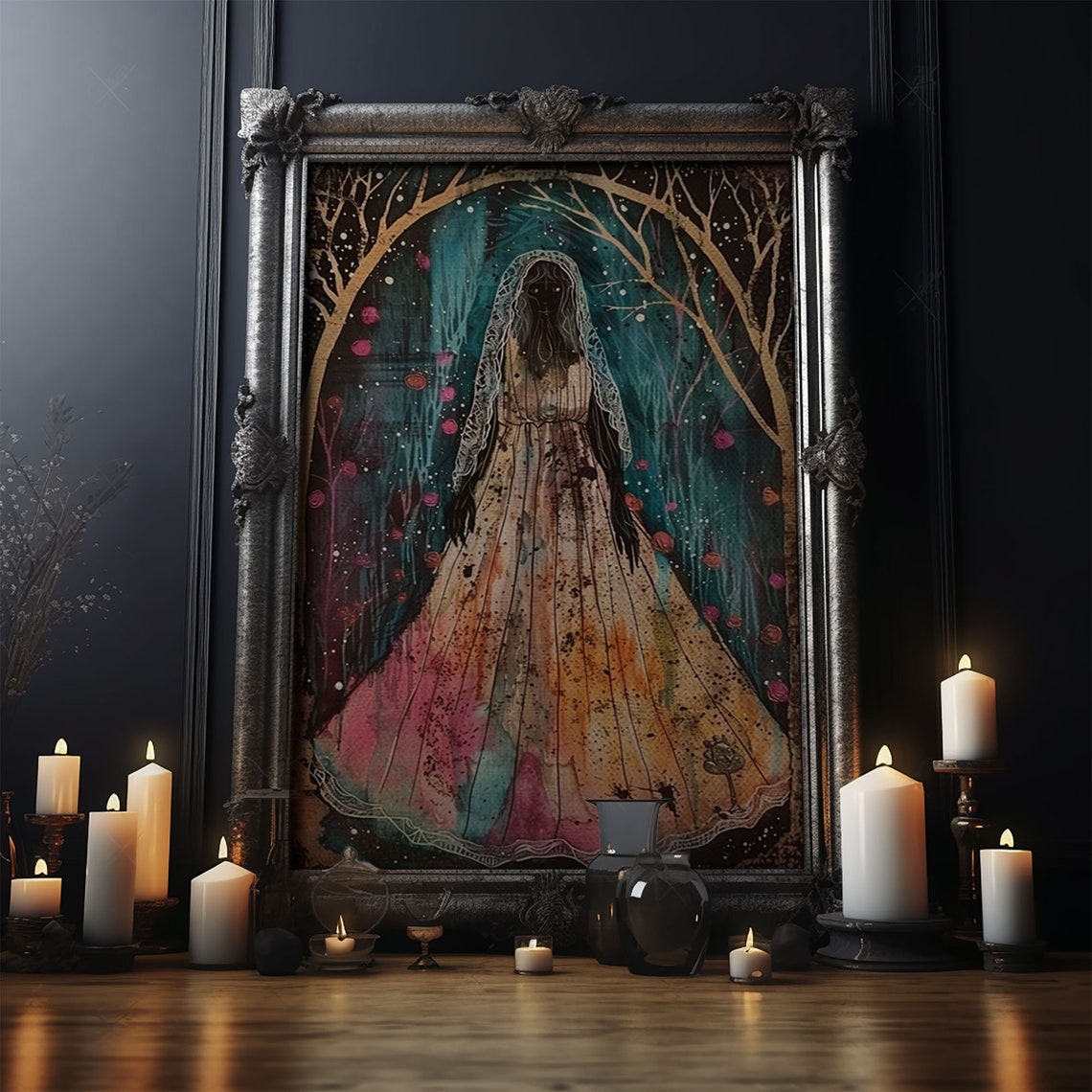 Veiled Ghost Lady Colorful Gown Dark Forest Halloween Art Poster - Image 4