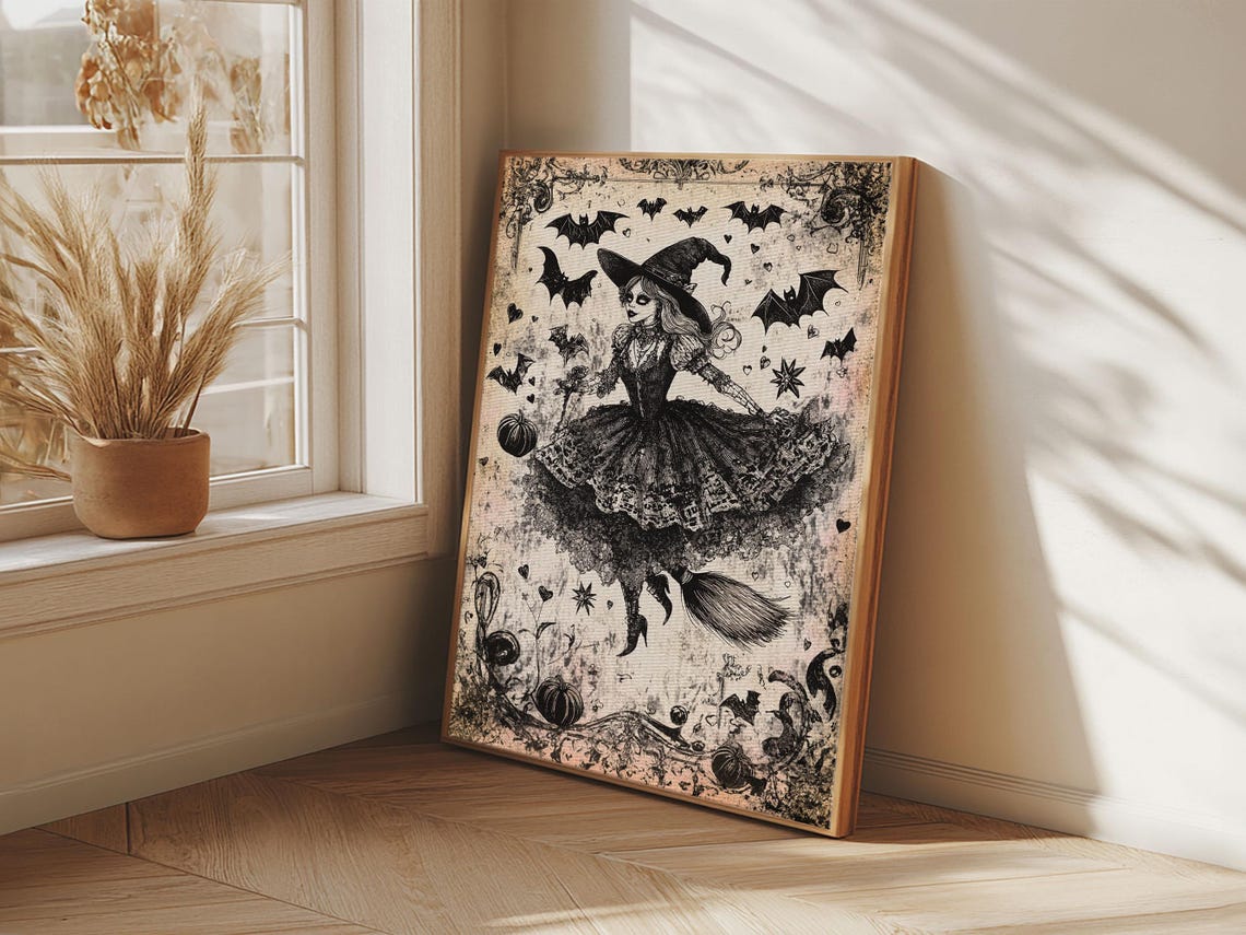Vintage Witch With Bats Storybook Gothic Halloween Art Print - Image 3