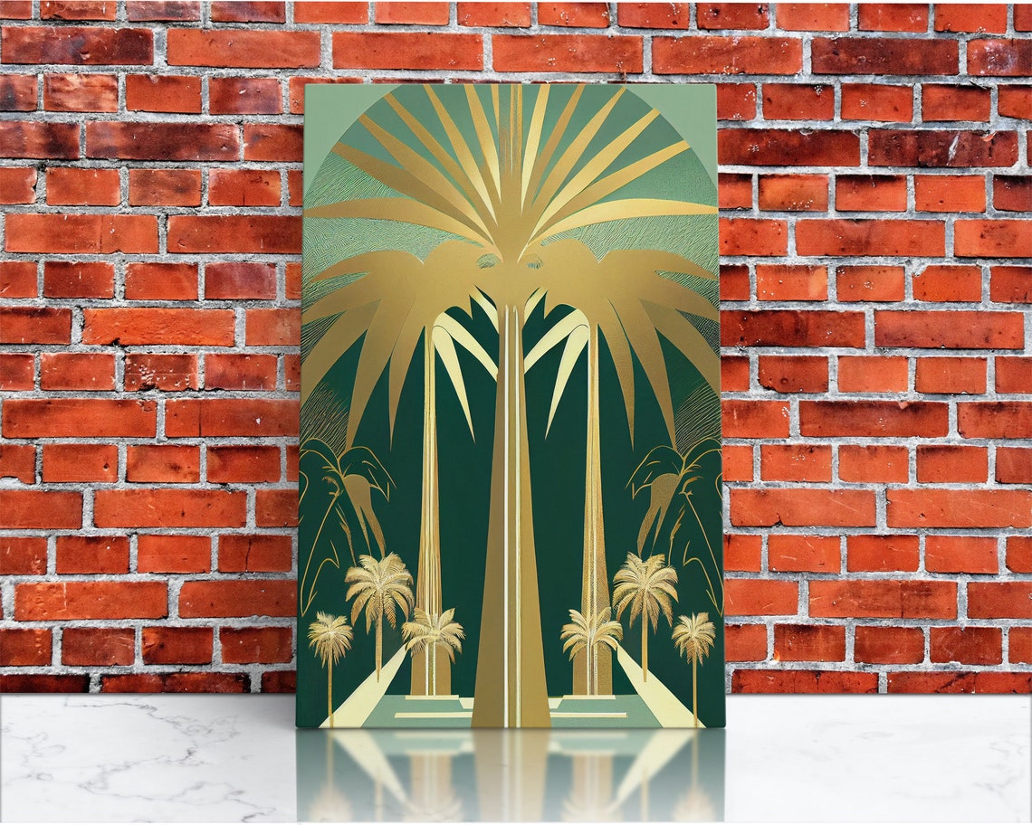 Boho Modern Frank Lloyd Wright Inspired Art Deco Print Emerald Green And Gold Palm Tree Wall Decor Wall Art Original Mcm Art - Image 3