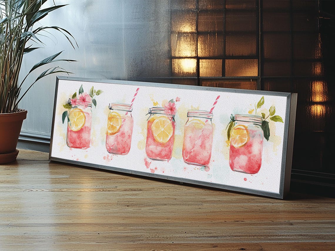 Pink Lemonade Mason Jars Row Watercolor Kitchen Panoramic Art Poster - Image 6