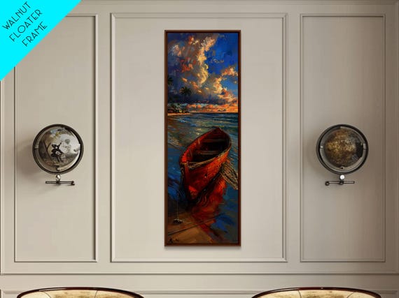Red Boat On Sandy Shore With Palm Trees Framed Print Midcentury Modern Wall Art Skinny Art Tall Art Living Room Decor