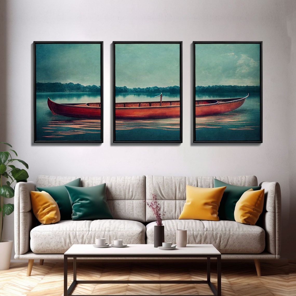 Red Canoe On Calm Teal Lake Three Piece Wall Art Tranquil Print - Image 3