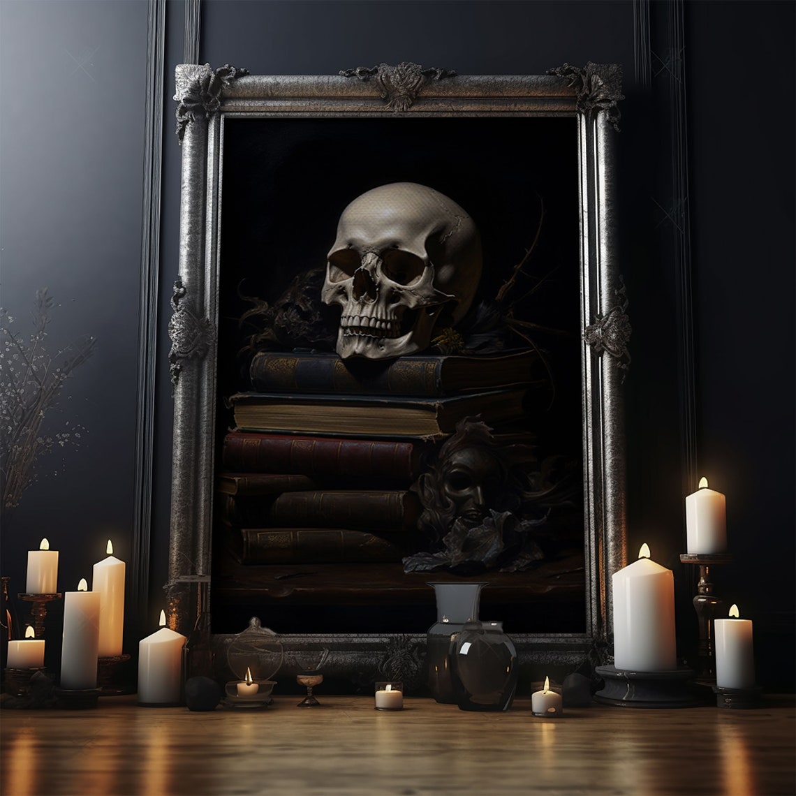 Witch Library Skull On Old Books Dark Candlelit Gothic Art Poster - Image 3