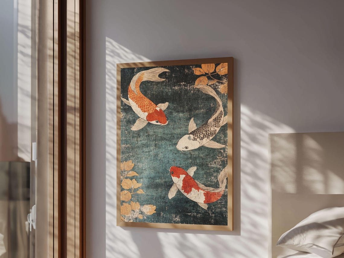 Three Koi Fish Swimming Dark Teal Water Japanese Style Animal Poster - Image 5