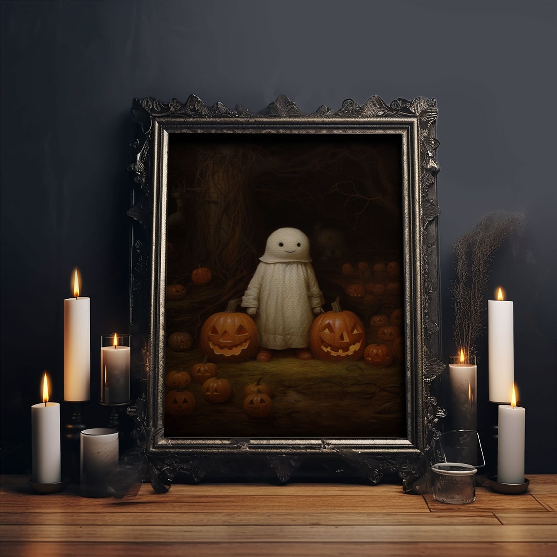 Cute Little Boo Ghost In Pumpkin Patch With Jack O Lanterns Poster - Image 5