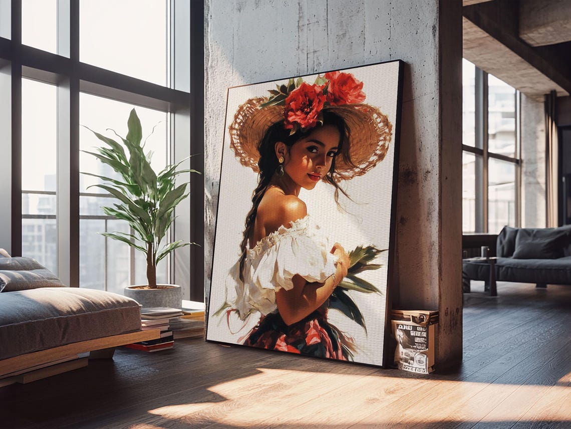 Latina Woman Straw Hat Red Flowers Portrait Mexican Wall Art Poster - Image 5