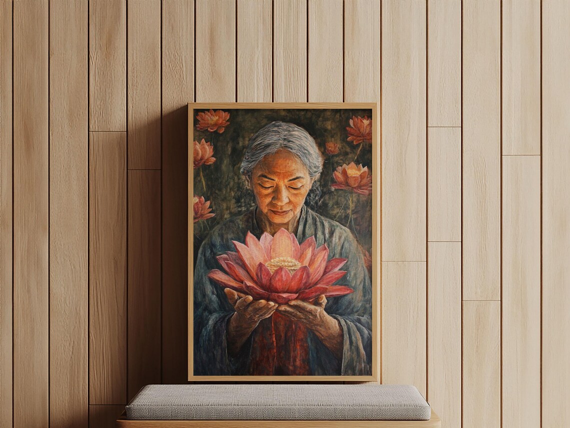 Elderly Woman Holding Lotus Flower Spiritual Zen Painting Poster