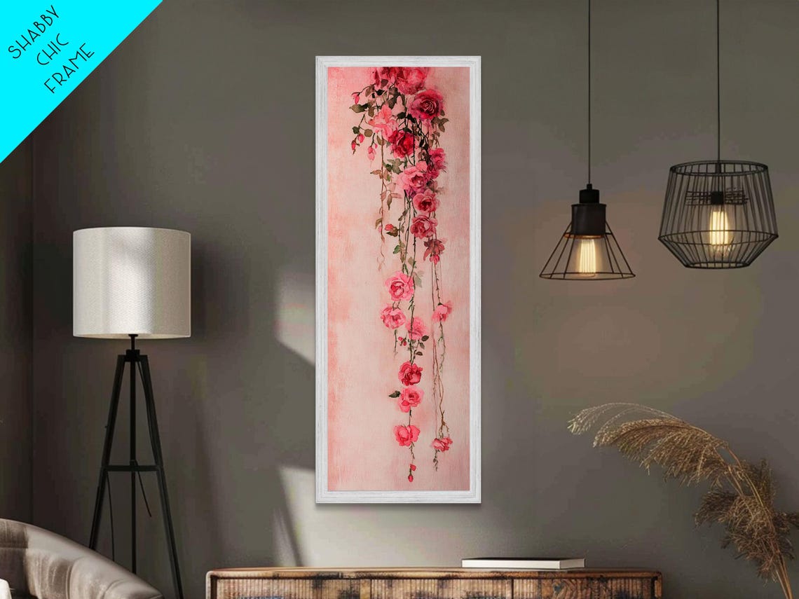 Cascading Pink Roses Botanical Watercolor Hanging Vine Wall Poster