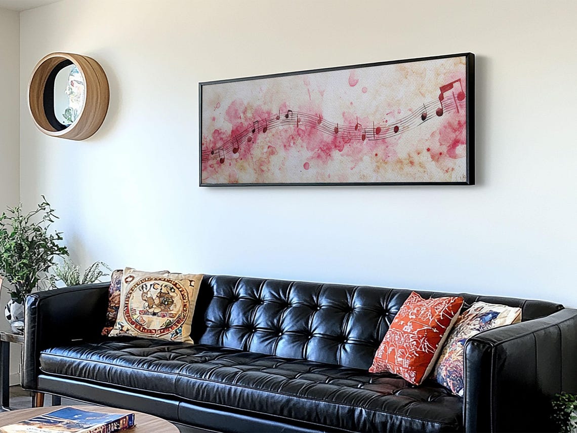 Pink Musical Notes Watercolor Staff Melody Panoramic Canvas Art Poster - Image 5