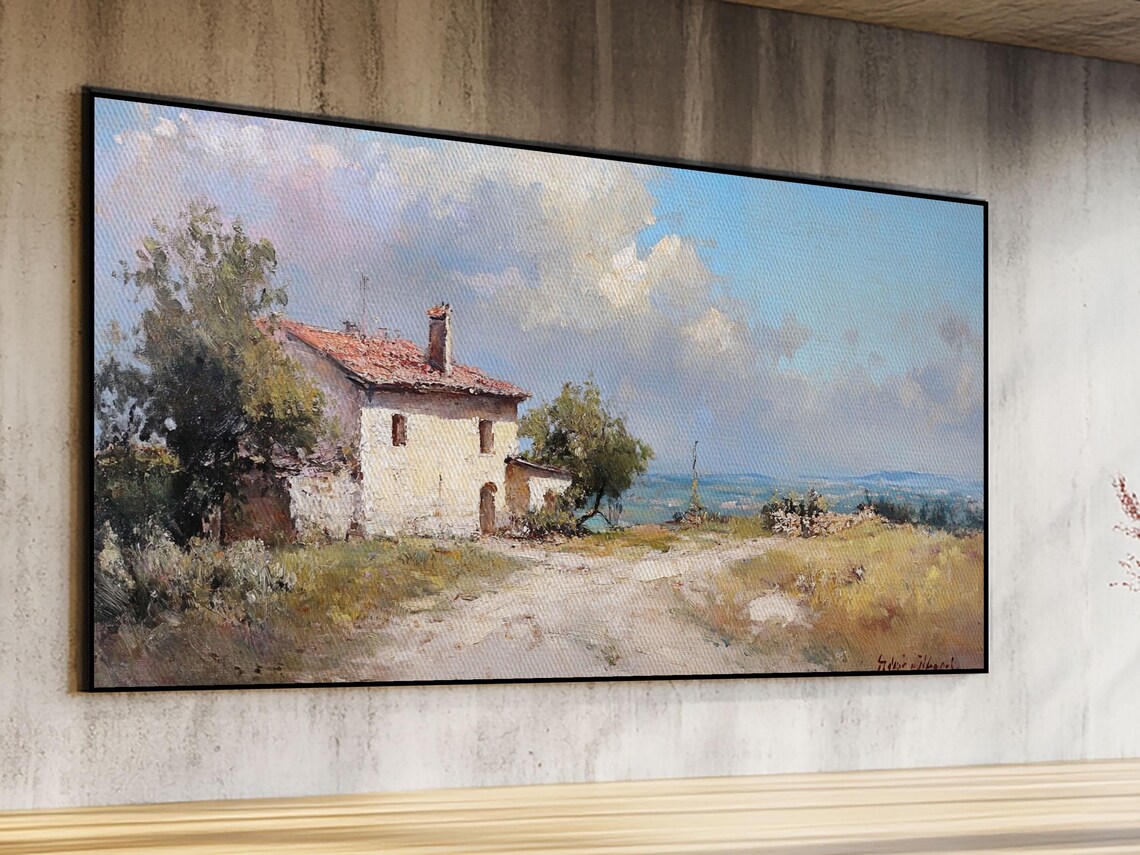 Italian Stone Cottage Red Tile Roof Sunny Field Countryside Oil Painting - Image 6