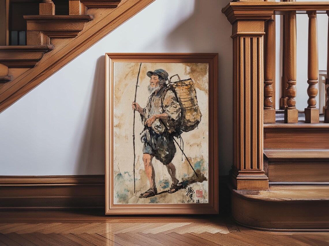 Elderly Japanese Fisherman With Basket Watercolor Portrait Art Print - Image 6
