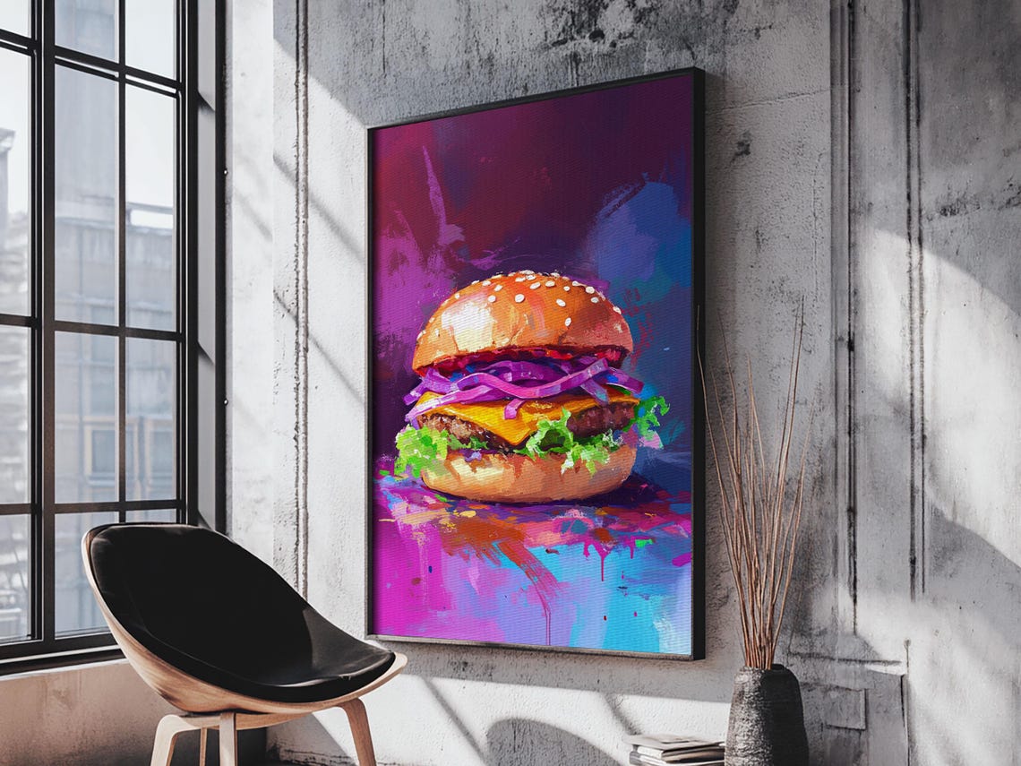 Pop Art Cheeseburger Neon Purple Kitchen Food Painting Art Print