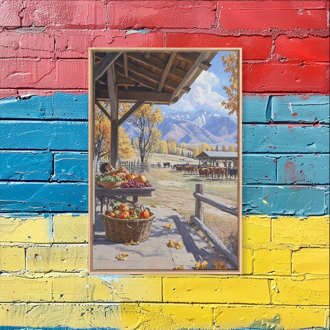 Autumn Farmhouse Porch Harvest With Pumpkins Cattle And Mountain View Poster - Image 2