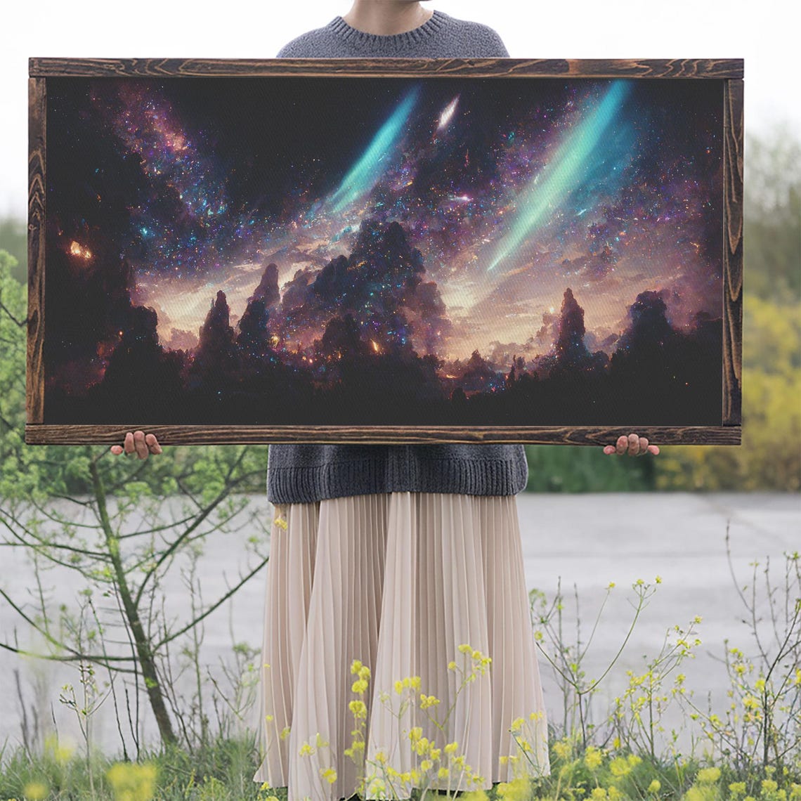 Aurora Beams Cosmic Night Sky Over Mountain Silhouettes Galaxy Poster - Image 2