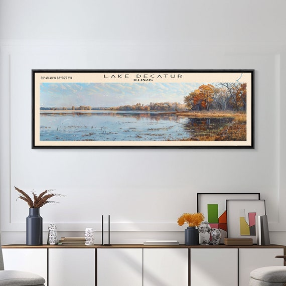 Lake Decatur Illinois Framed Print Lake House Decor Panoramic Wall Art Travel Poster Beautiful Lake Painting Nature Art
