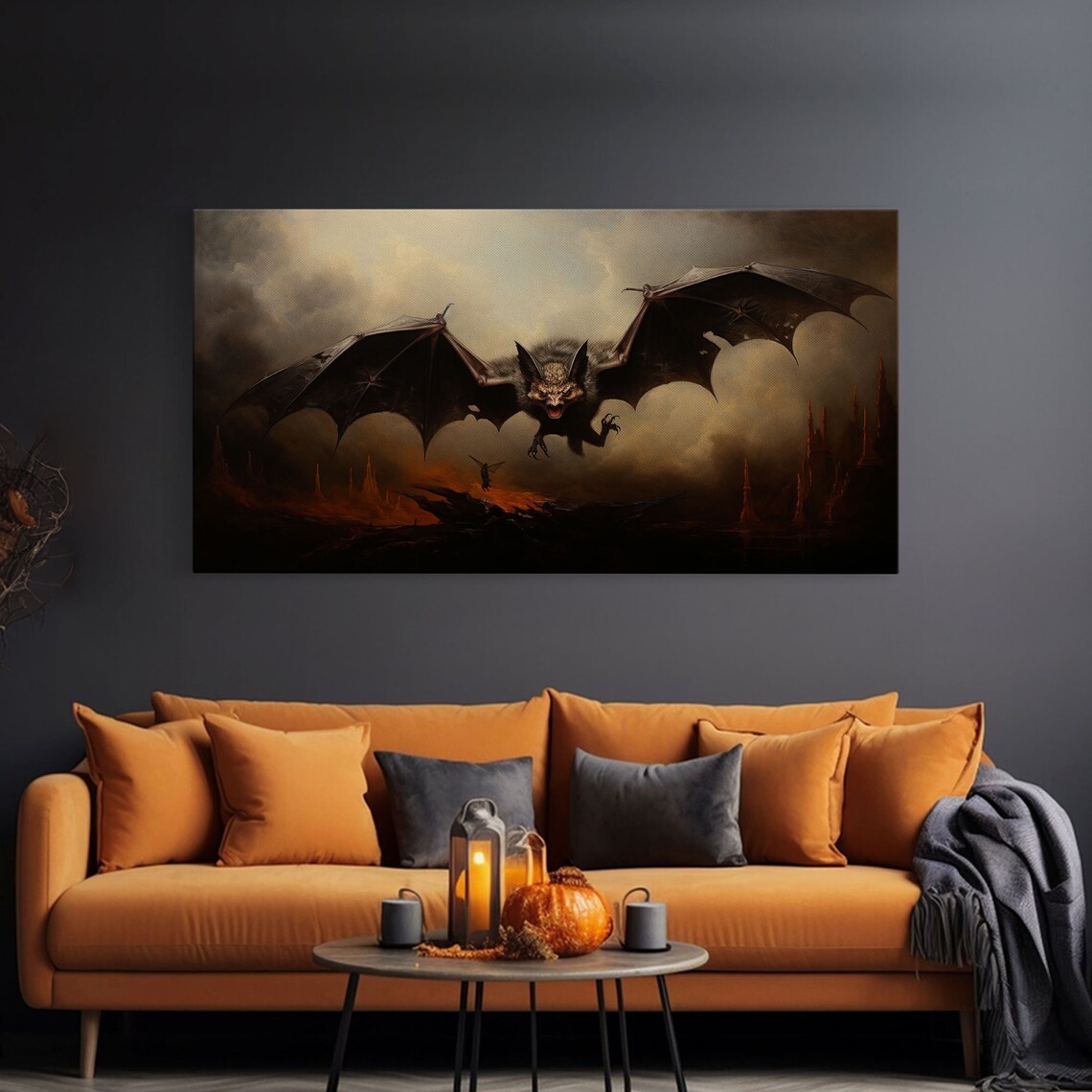 Vampire Bat Giant Flying Dark Stormy Sky Fiery Landscape Gothic Horror Poster - Image 2