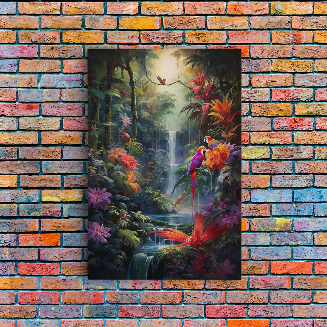 Jungle Birds and Waterfalls Tropical Art Print - Image 5