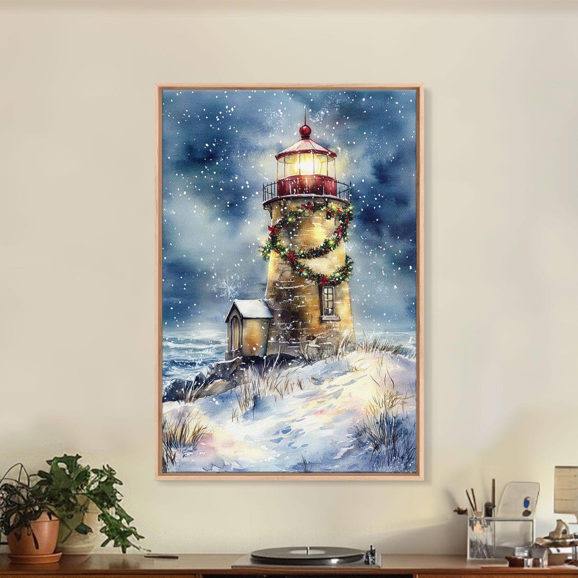 Snowy Lighthouse With Christmas Wreath Under Moonlit Sky Poster - Image 4