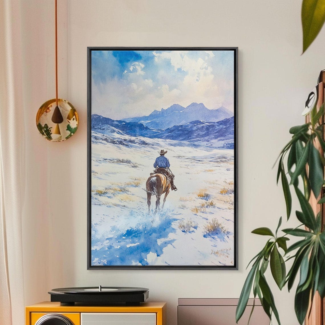 Cowboy Riding Through Snowy Mountain Pass Blue Watercolor Poster - Image 2