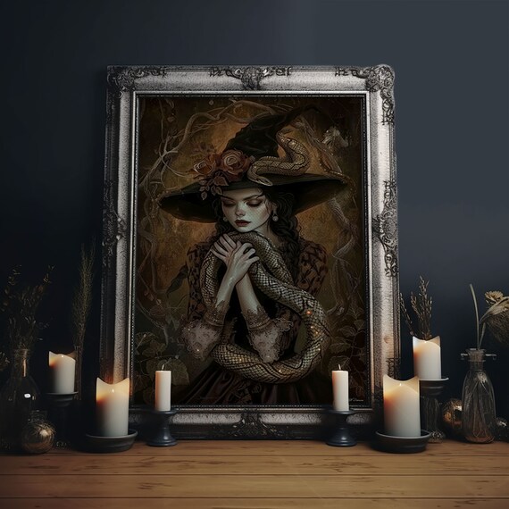 Mysterious Witch Holding Serpent Snake Coiled Dark Fantasy Poster