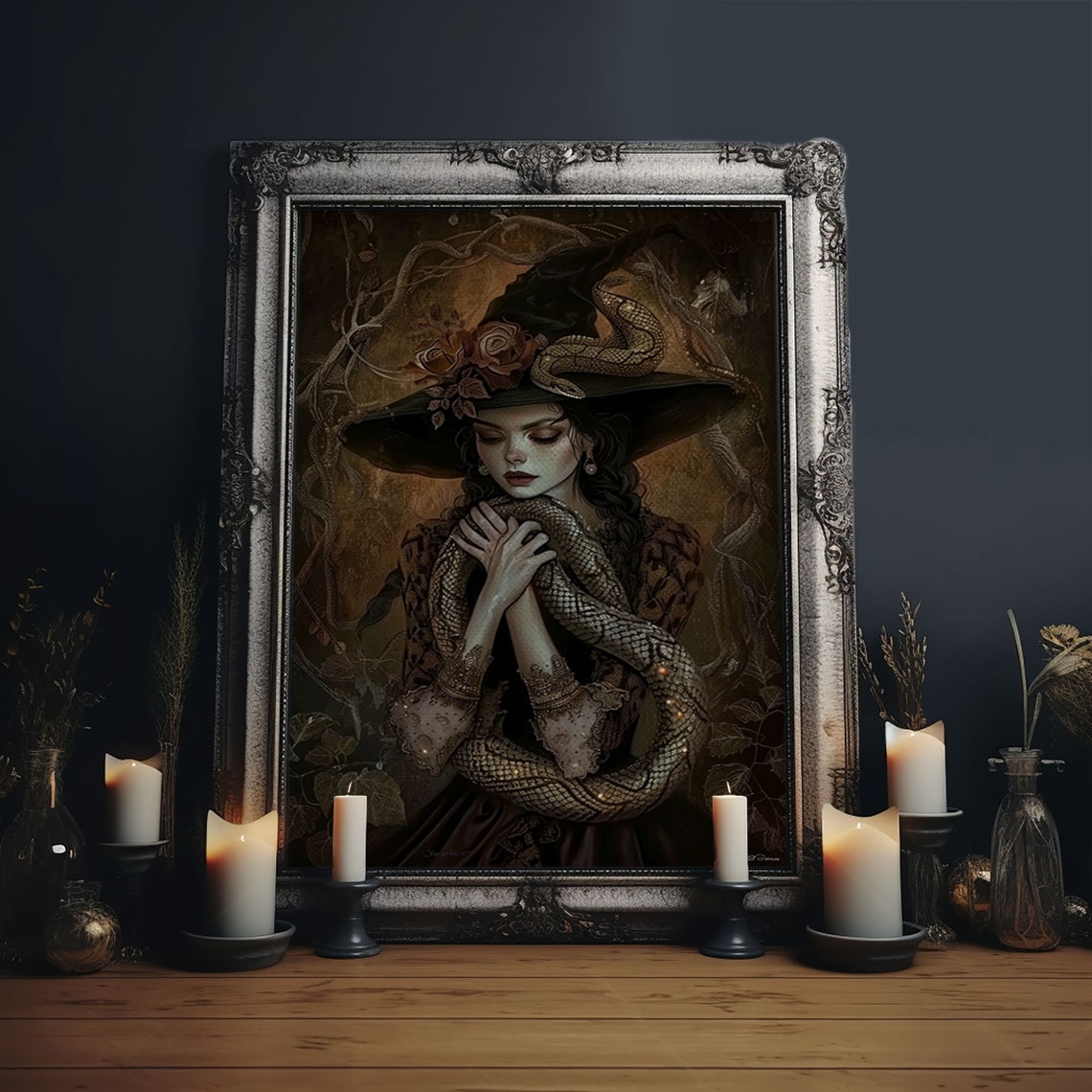 Mysterious Witch Holding Serpent Snake Coiled Dark Fantasy Poster