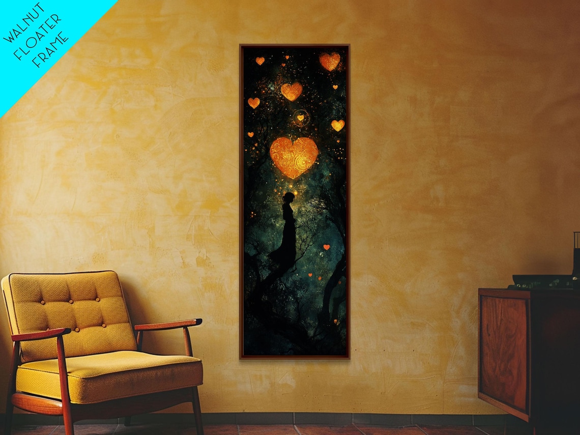 Mystical Golden Hearts Starry Night Forest Figure Romantic Whimsical Vertical Poster - Image 5