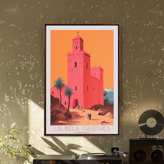 Lalibela Churches Travel Art Framed Print Ethiopia Home Decor Travel Poster Vintage Wall Art Original Watercolor Painting