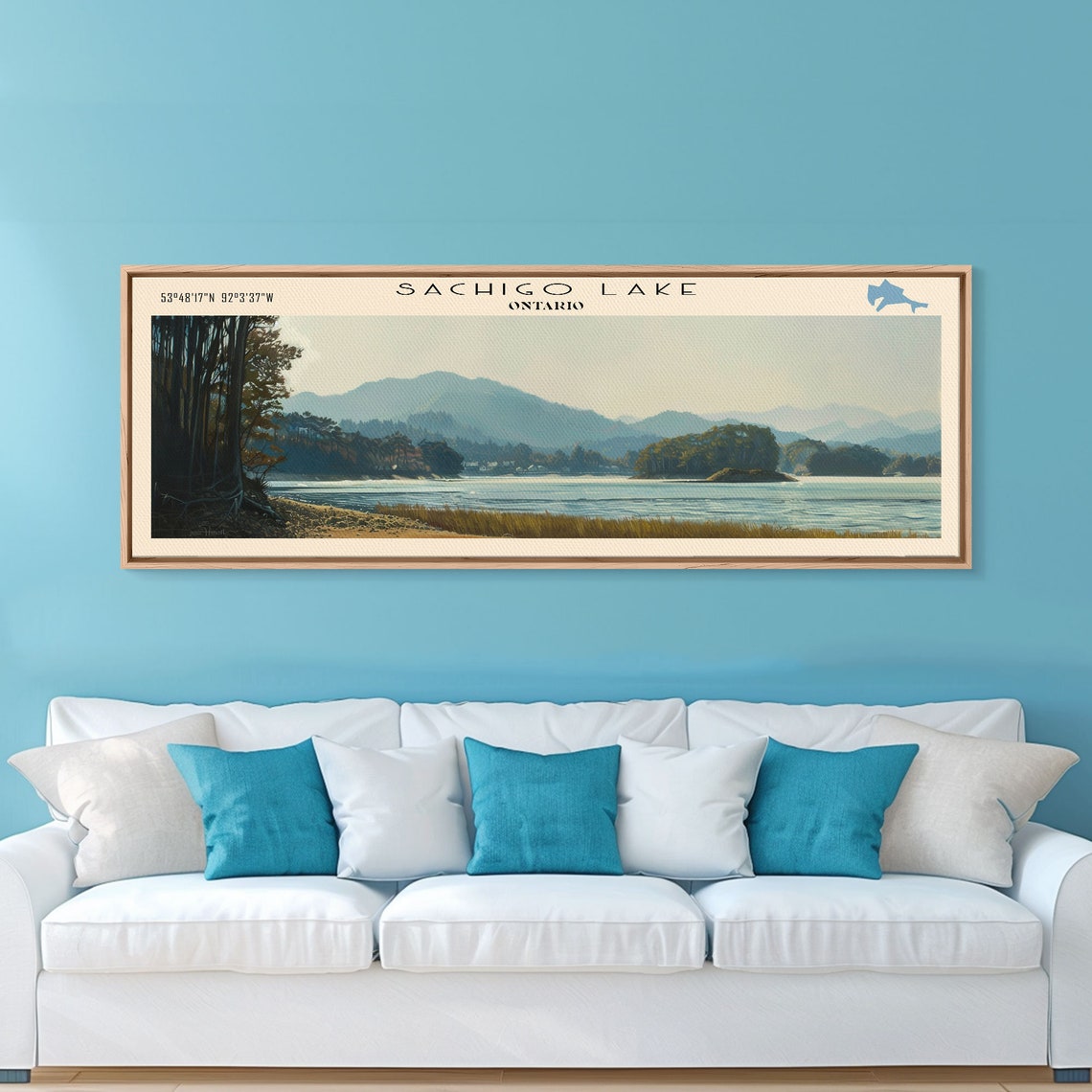 Sachigo Lake Ontario Hazy Mountain View Tranquil Shore Travel Poster