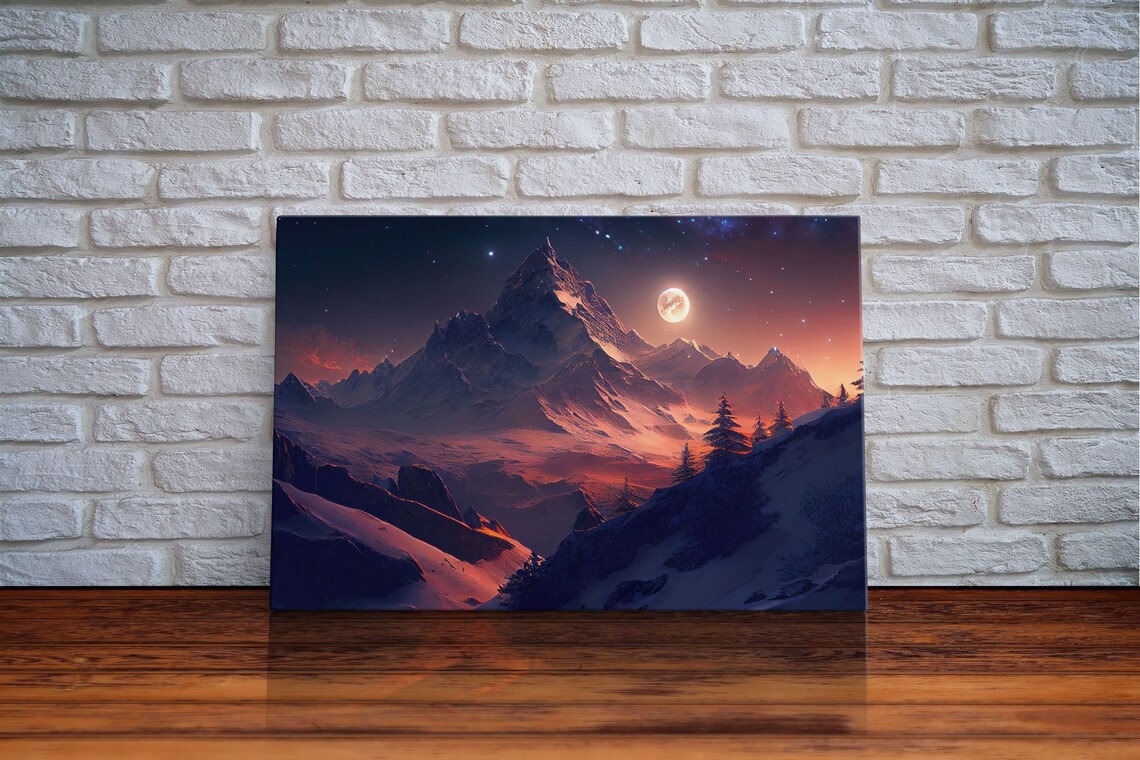 Mt Everest Watercolor Art Print, Full Moon Landscape - Image 6