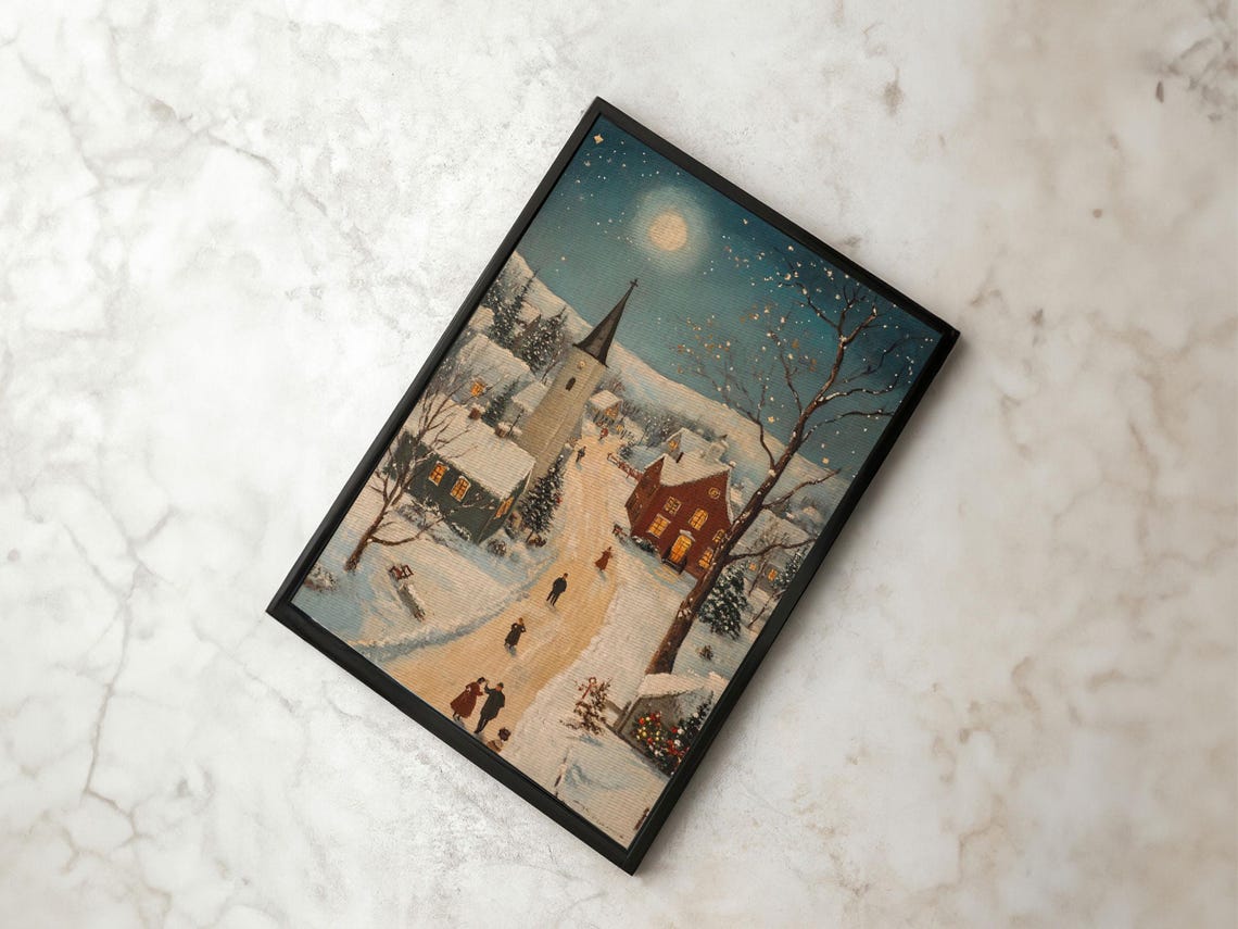 Full Moon Christmas Eve Village Church Snowy Night Painting Poster - Image 3
