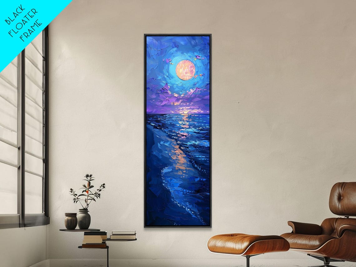 Full Moon Night Ocean Deep Blue Waves Starry Sky Painting Poster - Image 6