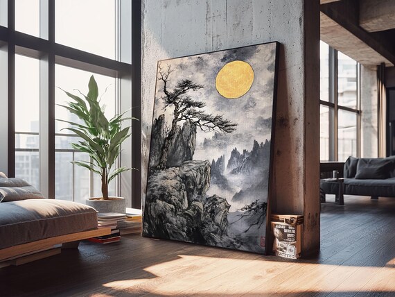 Wabi Sabi Landscape Painting Print Japanese Style Decor Japanese Style Art Bonzai Tree Under A Full Moon