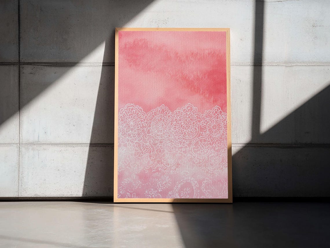 Pink Lace Floral Border Watercolor Delicate Romantic Art Print - Image 3