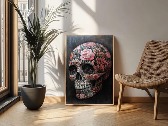 Skull Art Framed Print With Intricate Floral Patterns In Gothic Boho Style Chinoiserie Inspired Rustic Bedroom Or Living Room Art