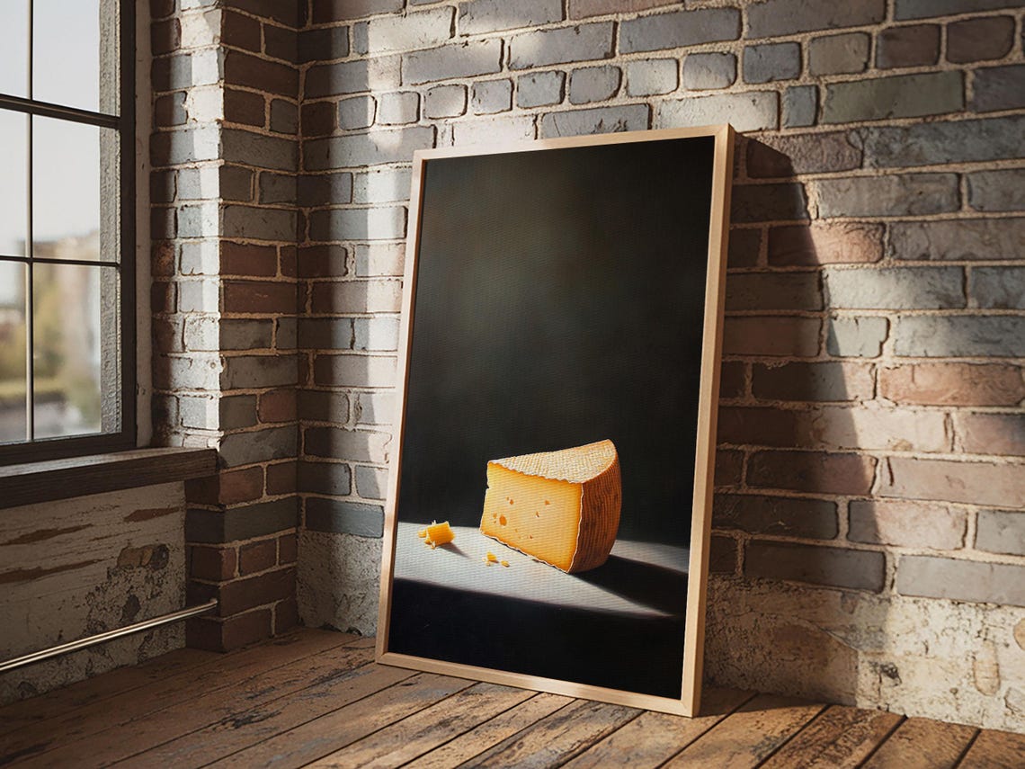 Golden Cheese Wedge Minimalist Still Life Dark Moody Kitchen Wall Art - Image 2
