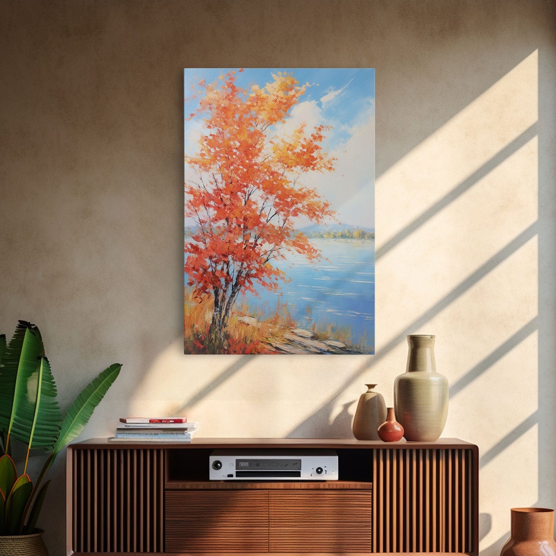 Orange Autumn Tree by Blue Lake Fall Foliage Landscape Painting Poster - Image 3