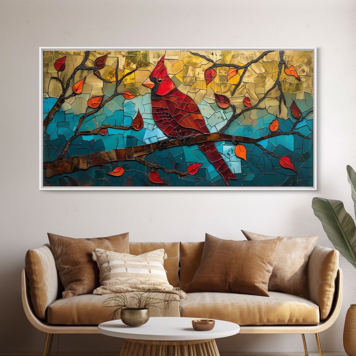 Stained Glass Cardinal Red Bird Autumn Branch Mosaic Art Poster - Image 5