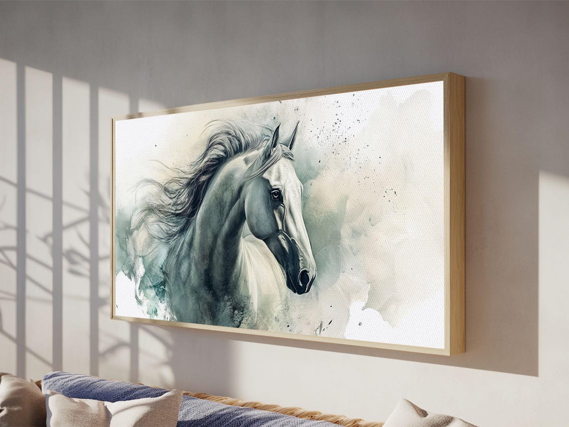 White Horse Flowing Mane Elegant Watercolor Equine Portrait Poster