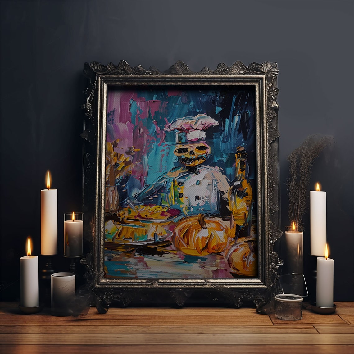 Skeleton Chef Cooking Pumpkins Colorful Impasto Kitchen Art Poster - Image 5