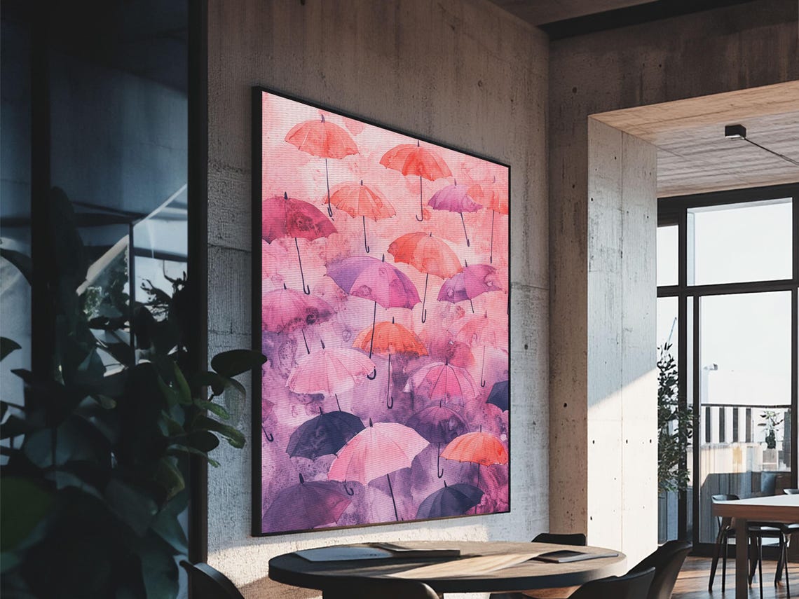 Floating Pink Purple Umbrellas Watercolor Art Print Whimsical Poster - Image 6