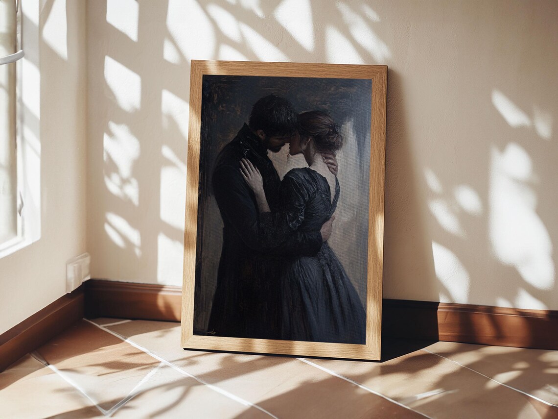 Dark Romance Couple Embrace Oil Painting Moody Victorian Wall Art Print